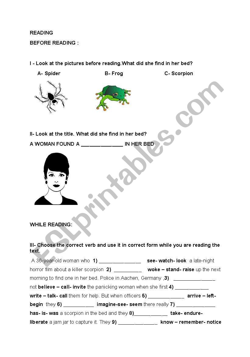 A woman found a scorpion  worksheet