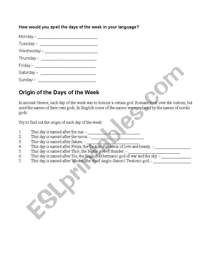 Days of the week worksheet