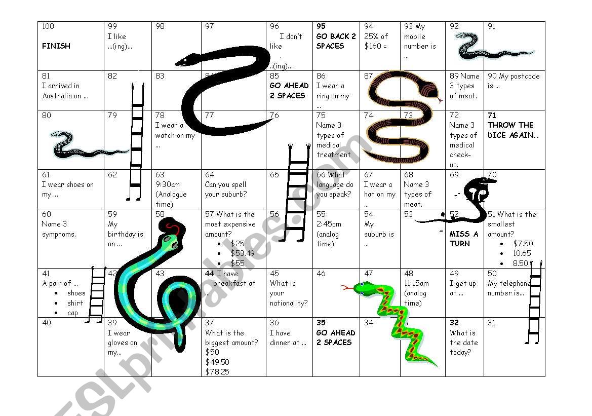 Snakes and Ladders worksheet