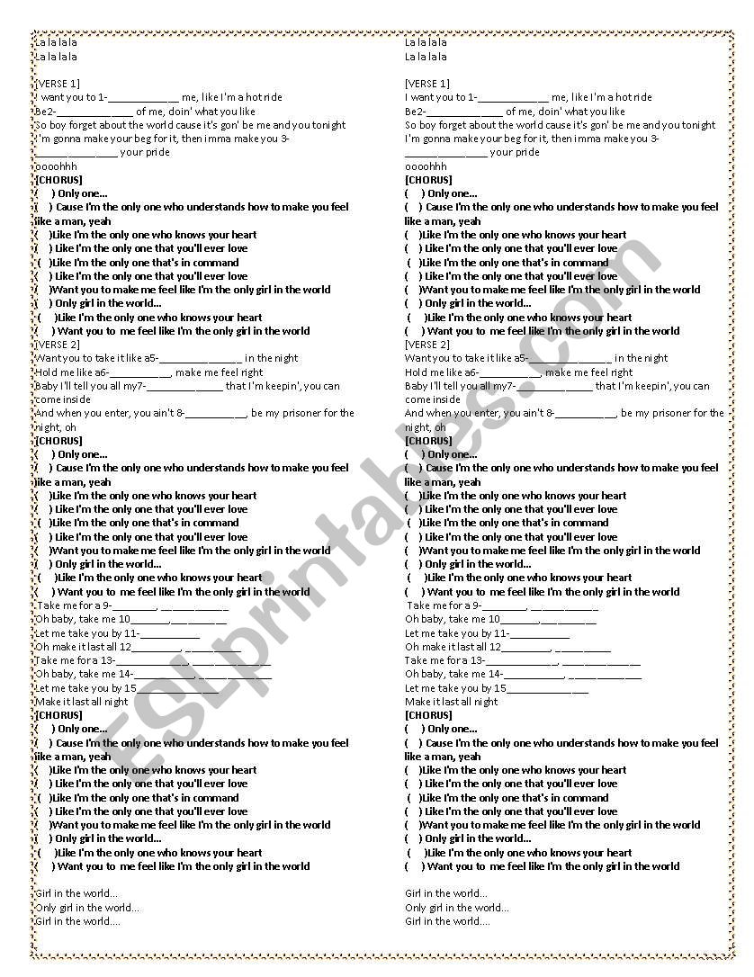 ONLY GIRL IN THE WORLD worksheet