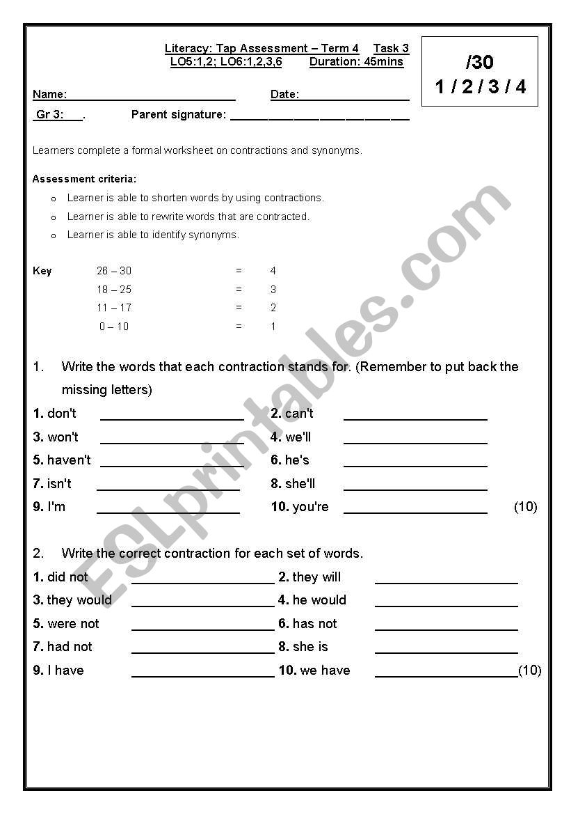 Formal worksheet on synonyms and contractions