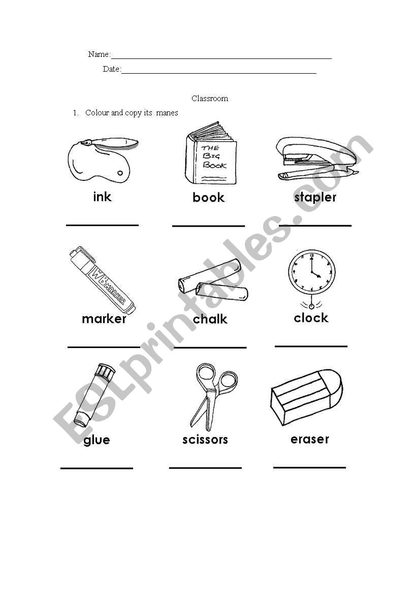 Classroom objects worksheet