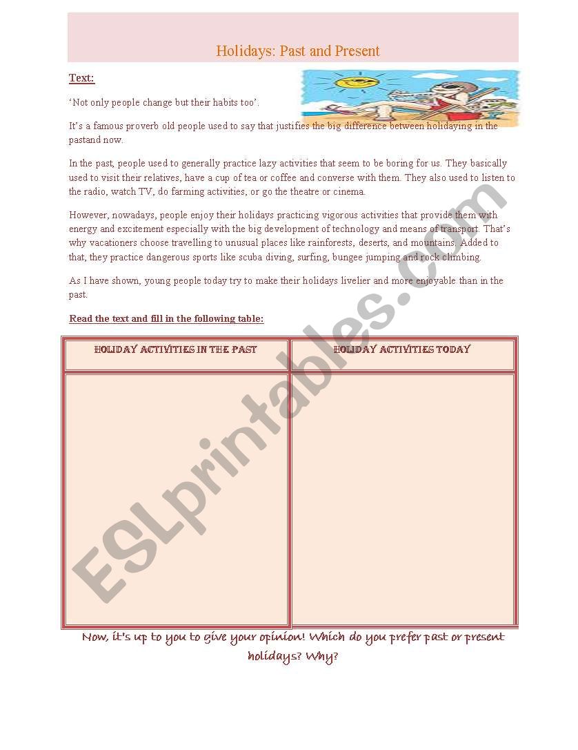 holidays; past and present worksheet