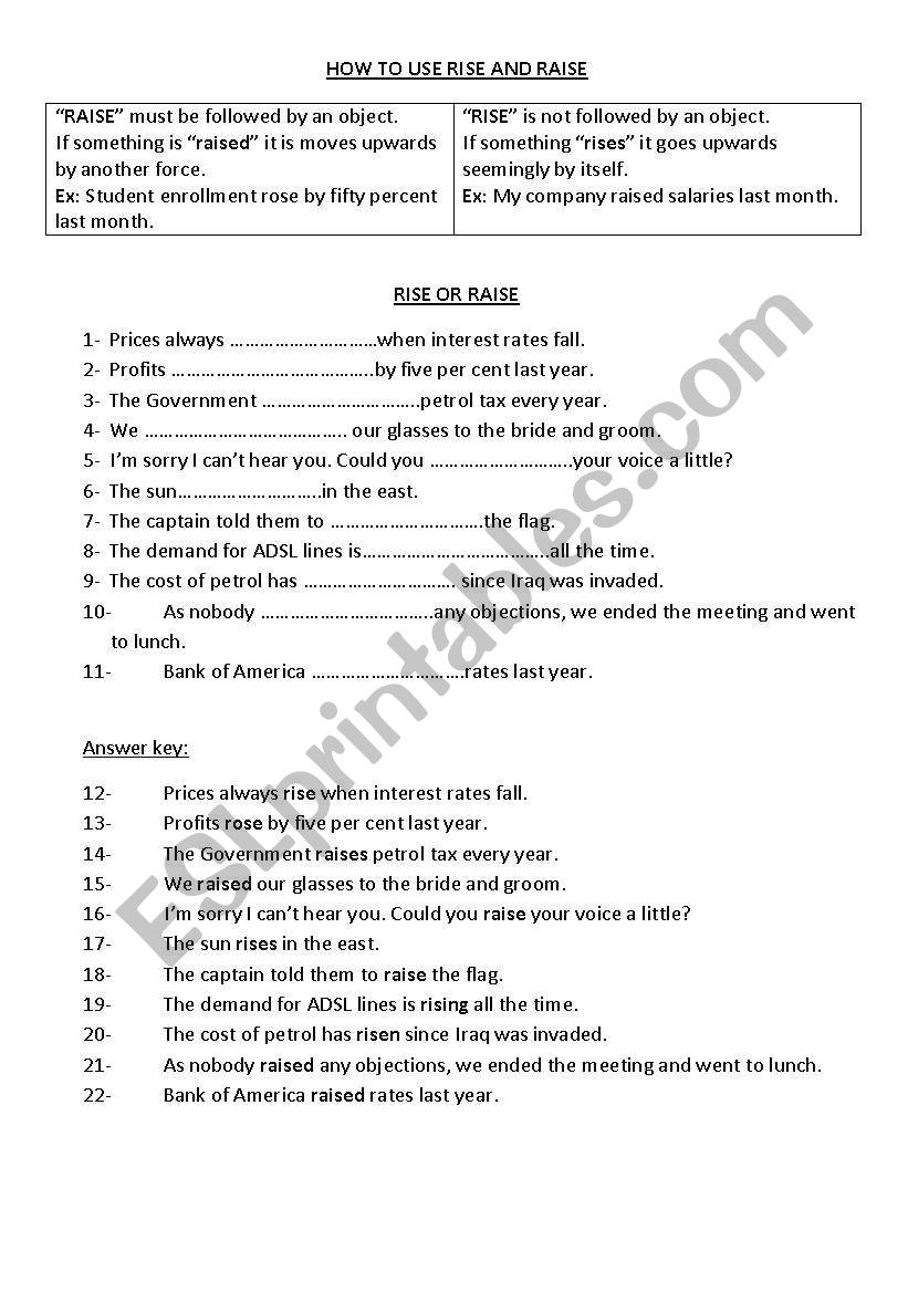 RAISE and RISE worksheet