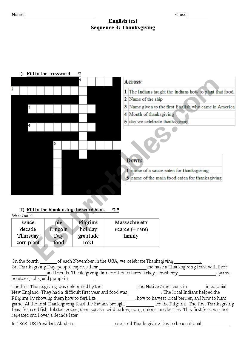 Thanksgiving test worksheet