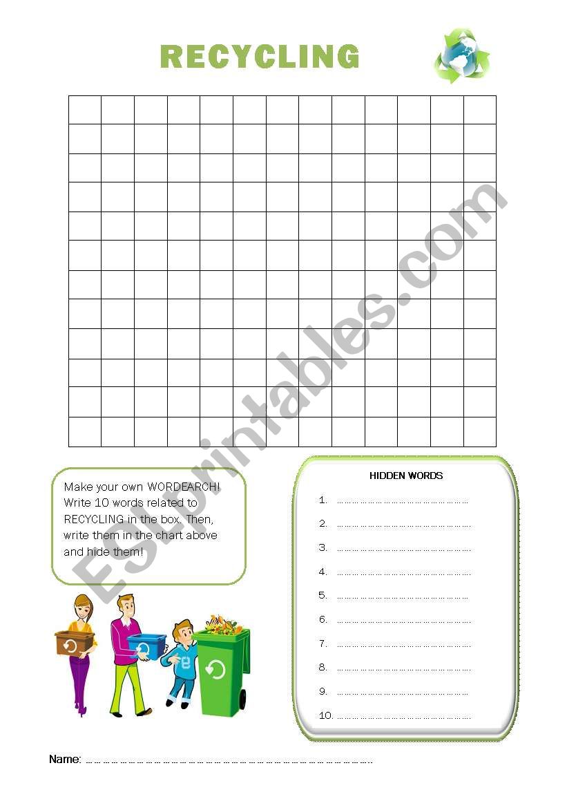 recycling wordsearch  worksheet
