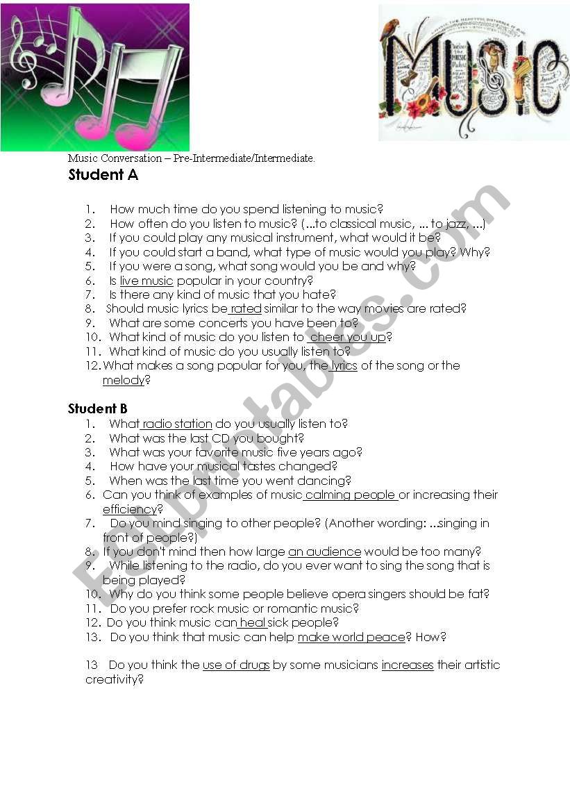 Music conversation worksheet