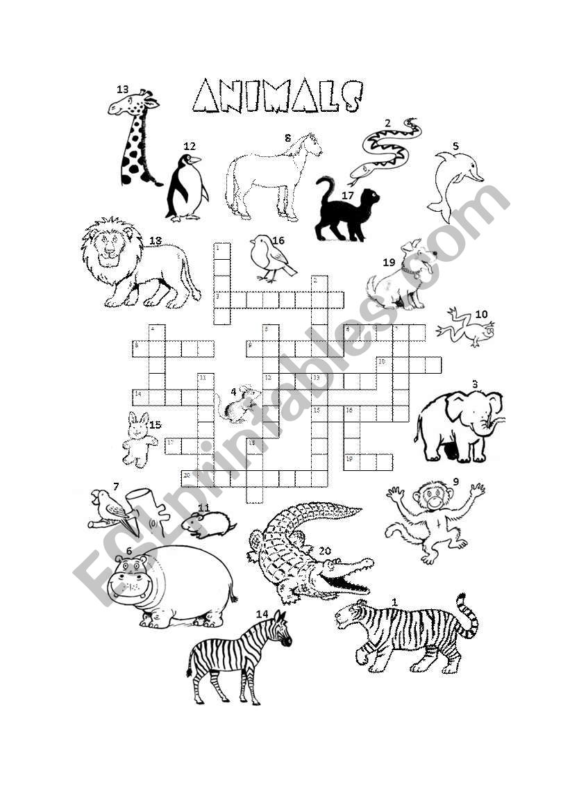 Animals crossword worksheet