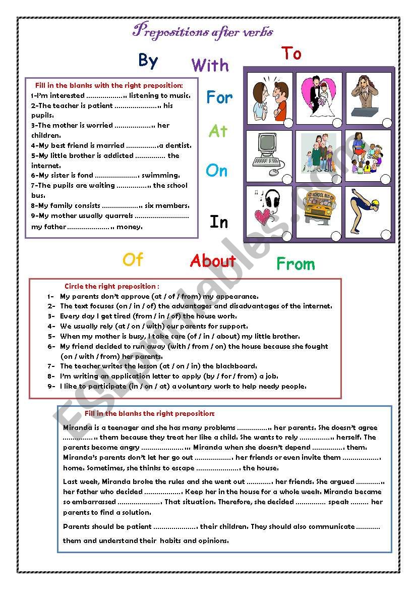 Prepositions after verbs worksheet