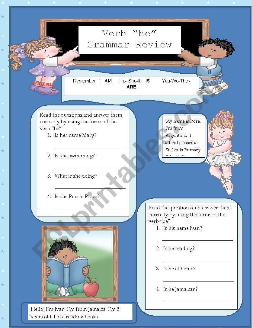 Grammar review of verb be worksheet