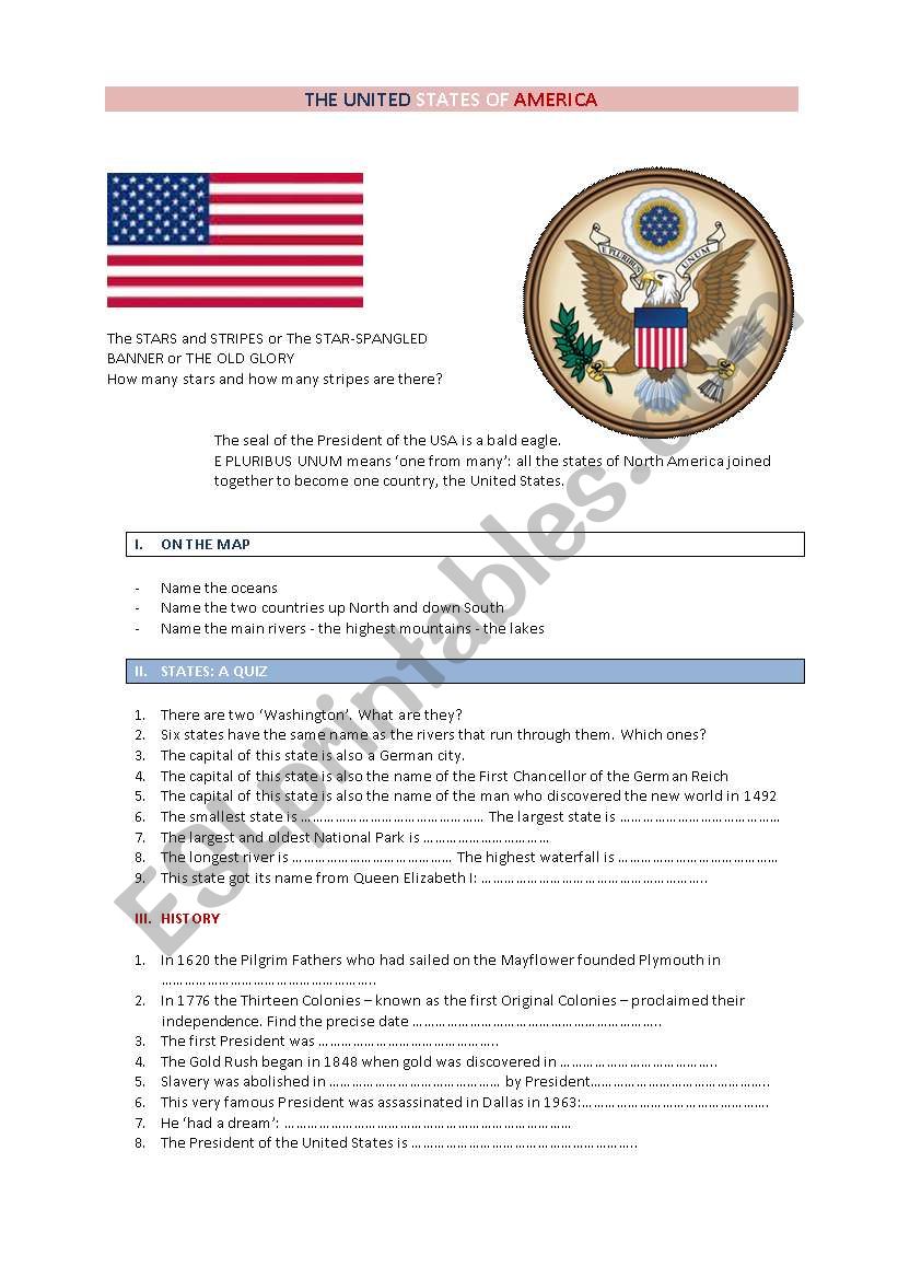 THE UNITED STATES OF AMERICA worksheet