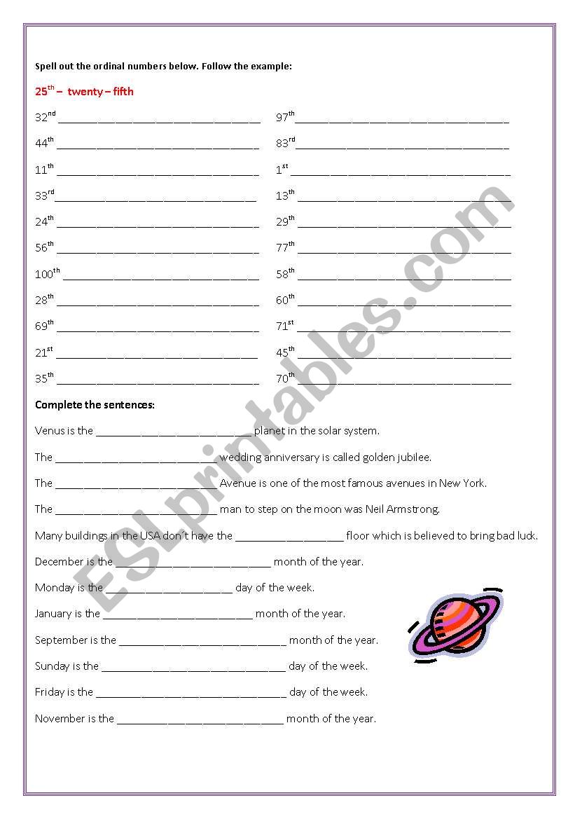 Ordinal Numbers worksheet