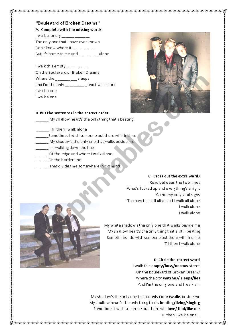 boulevard of broken dreams worksheet