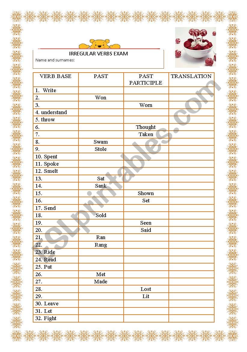 Irregular verbs test worksheet