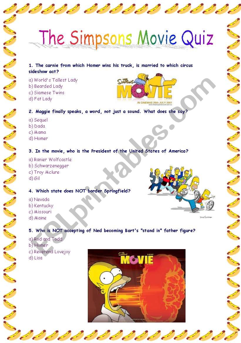 The Simpsons Movie Quiz worksheet