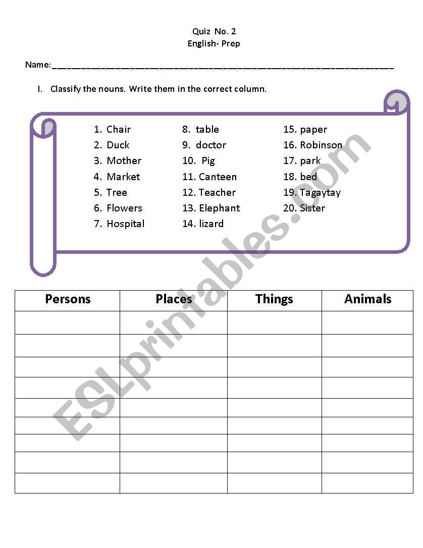 Noun worksheet