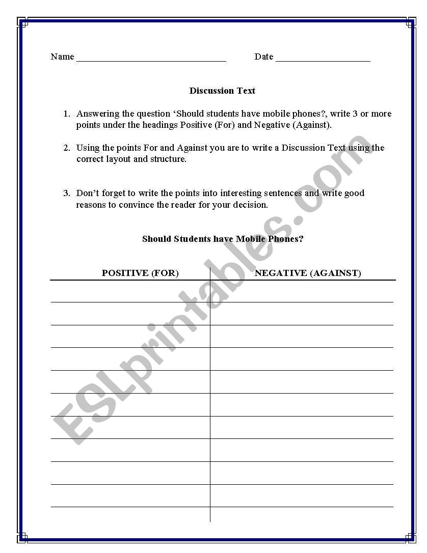 Discussion Assessment worksheet