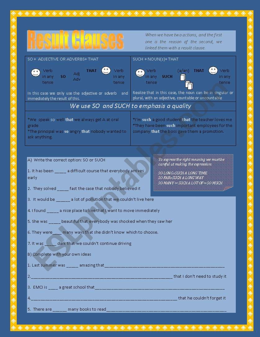 Such, so. (Result clauses) worksheet