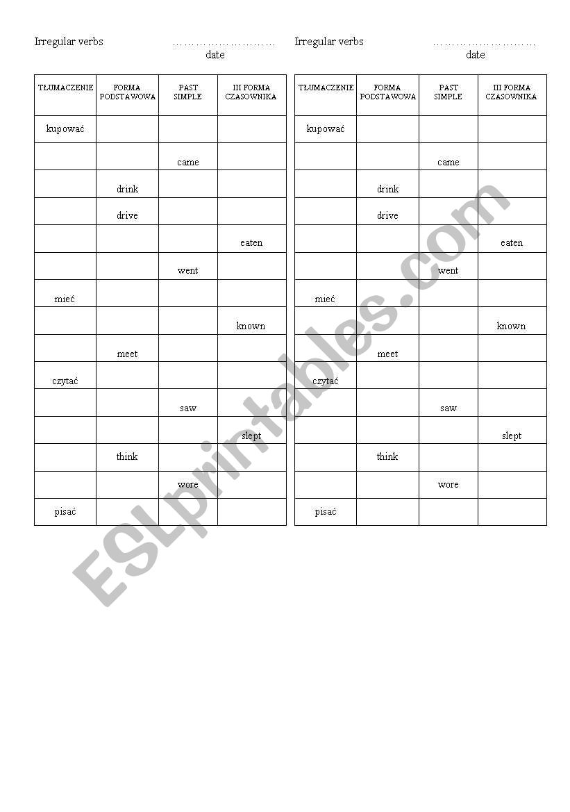 irregular verbs  worksheet