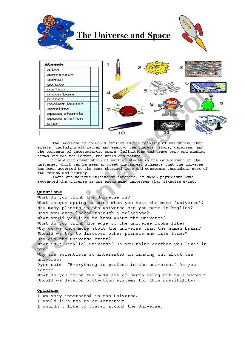 The Universe and Space worksheet