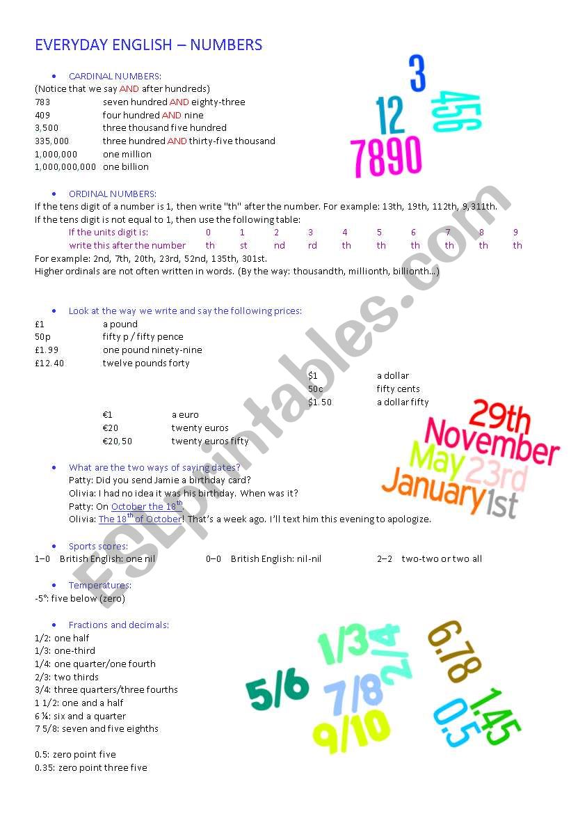 numbers worksheet