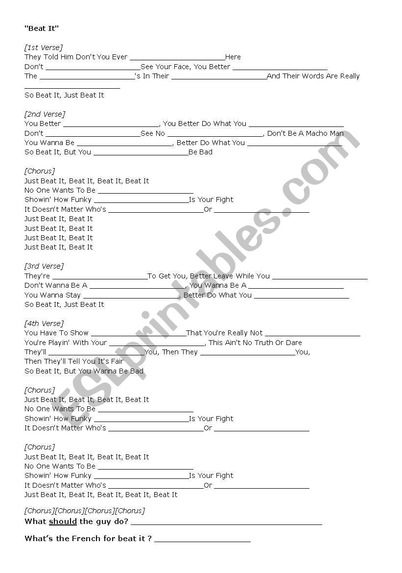 gap filler beat it worksheet