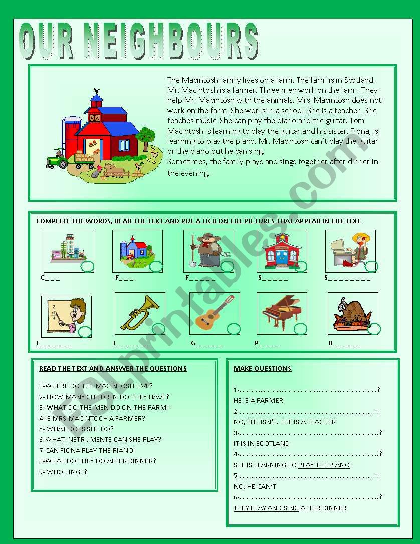 OUR NEIGHBOURS - READING COMPREHENSION