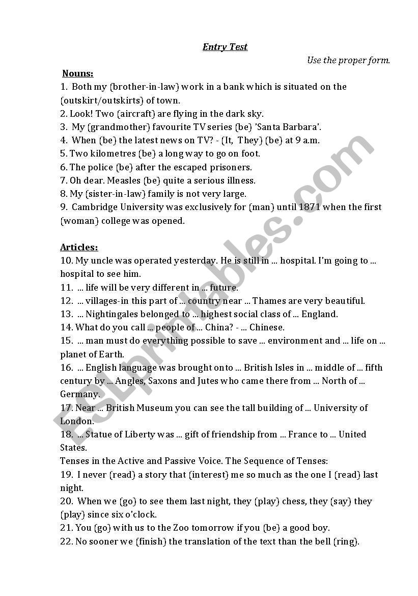 Entry Test worksheet