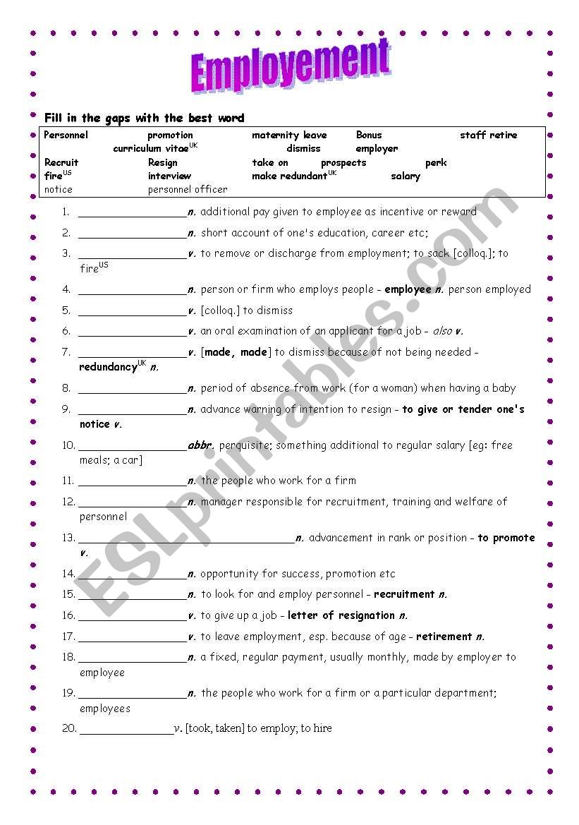 Employement worksheet