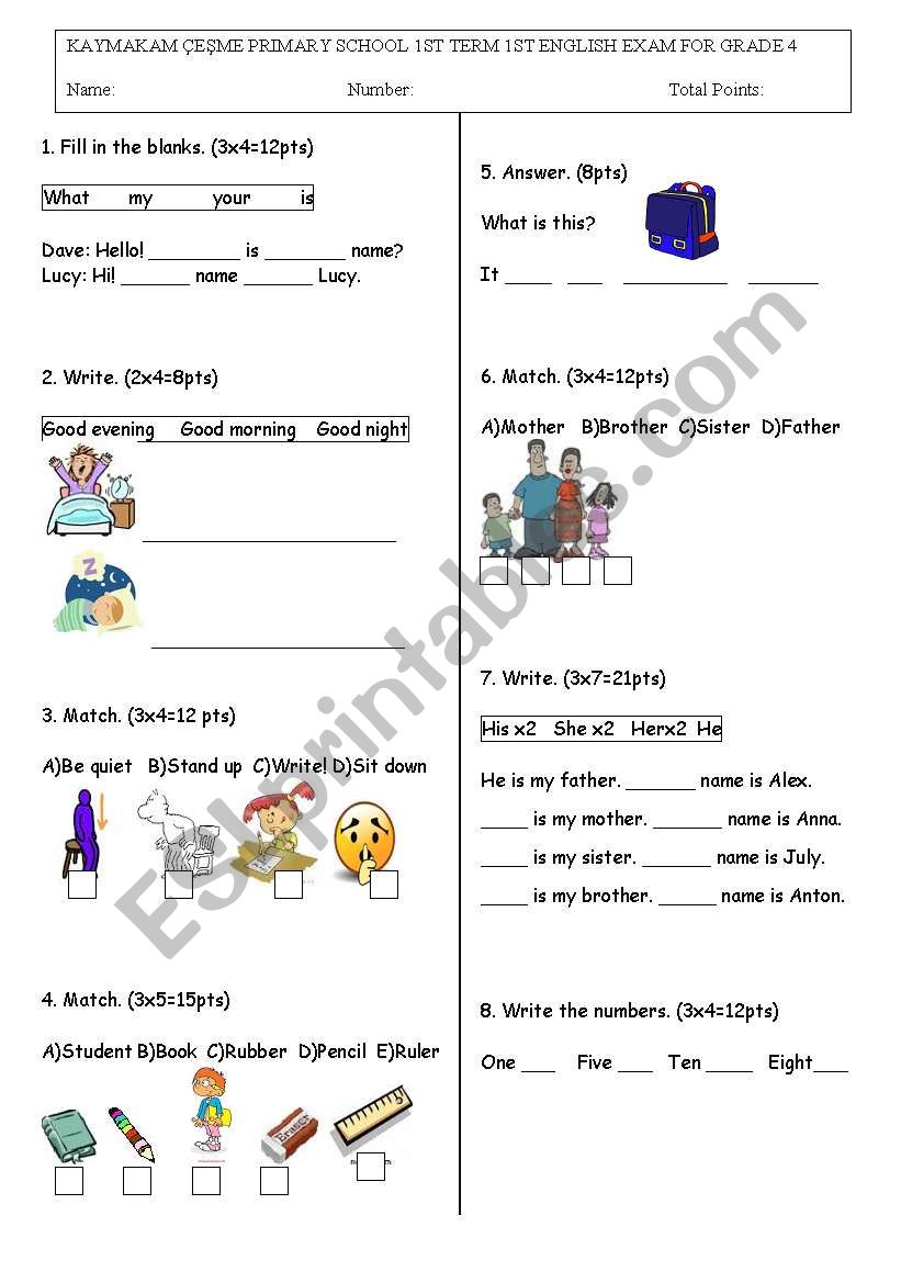 4th grade exam 2011-2012 1st term 1st exam