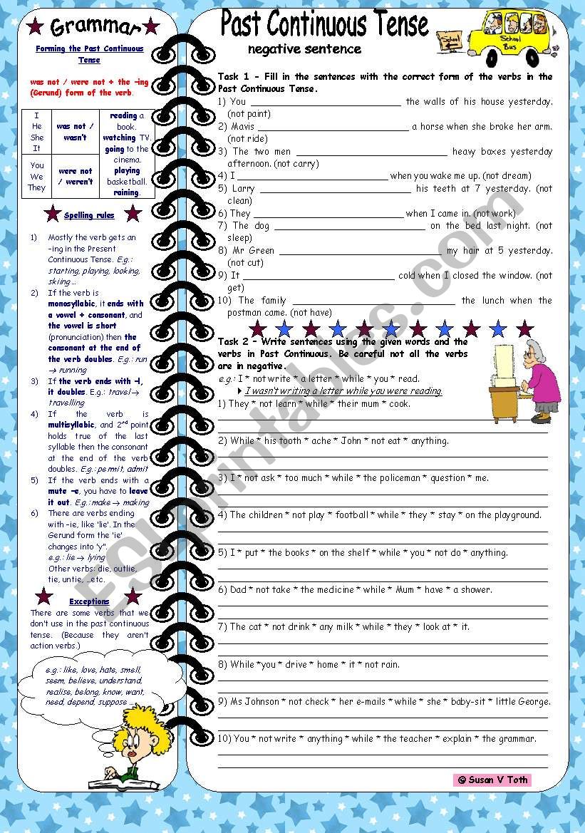 Past Continuous Tense-negative sentences *** with grammar & key & B&W