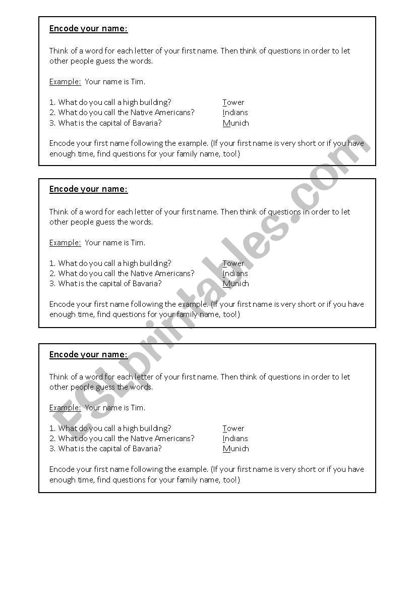 Encode your name- a game worksheet