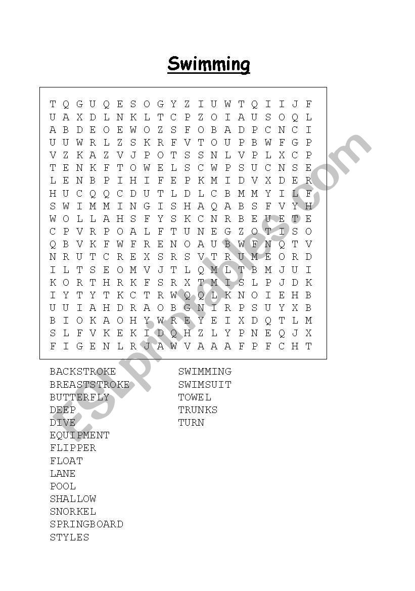 Word Puzzle Swimming worksheet