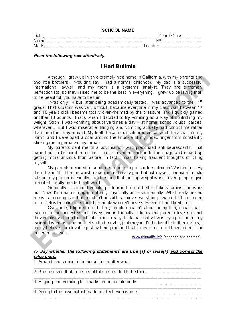 Eating disorders worksheet