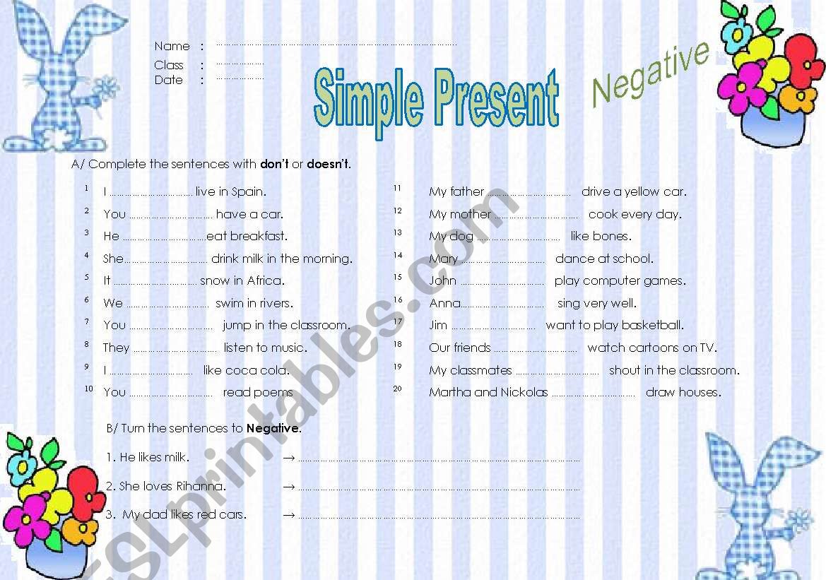 Simple Present, Negative worksheet