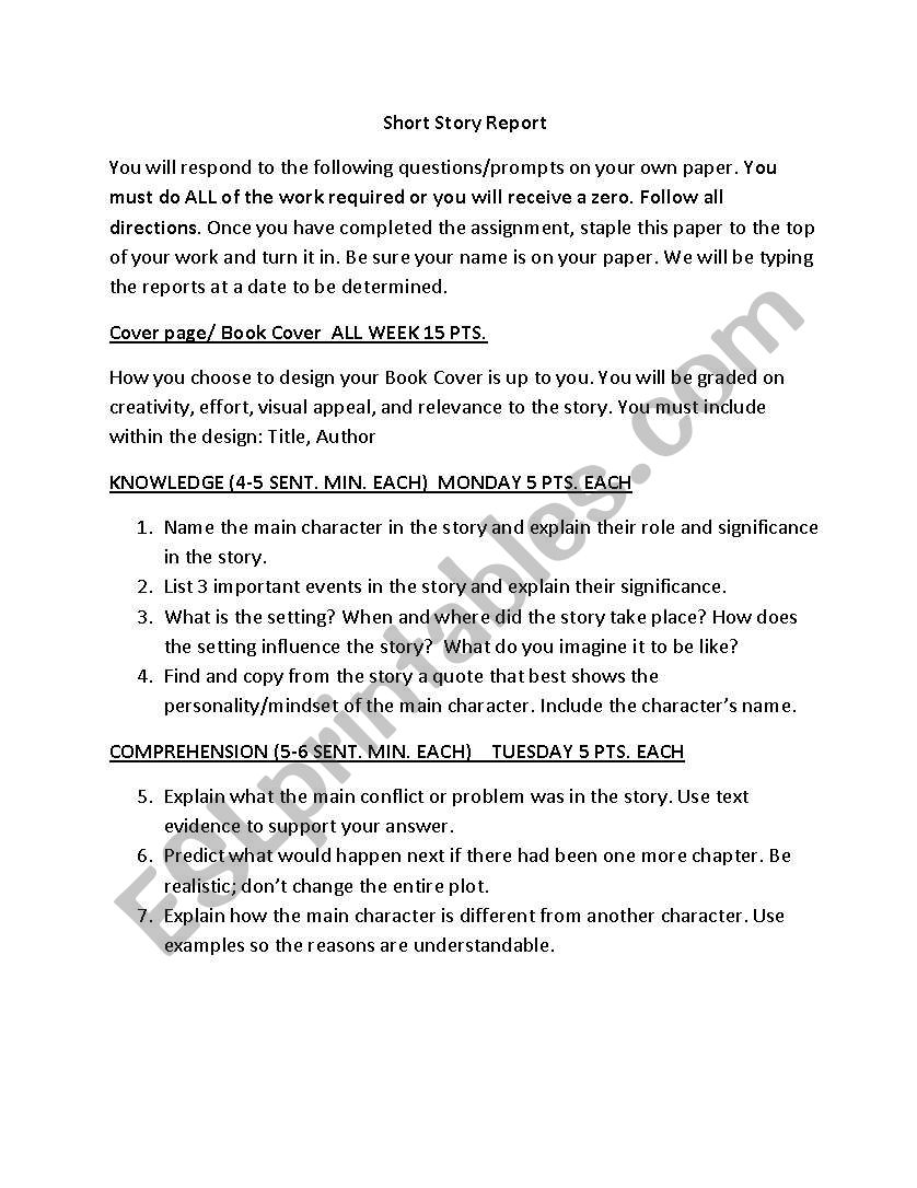 Short Story Report (1 week) worksheet