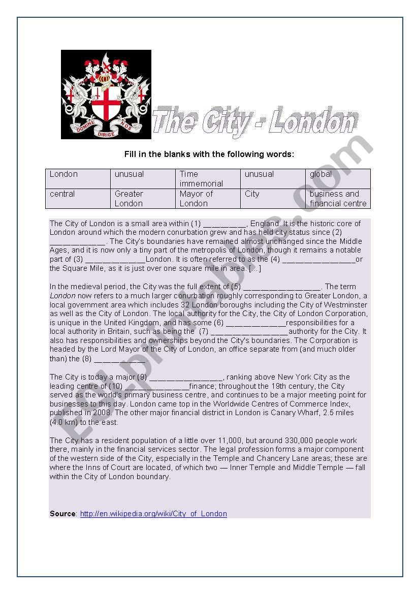 The City -London -Cloze exercise (Key included)