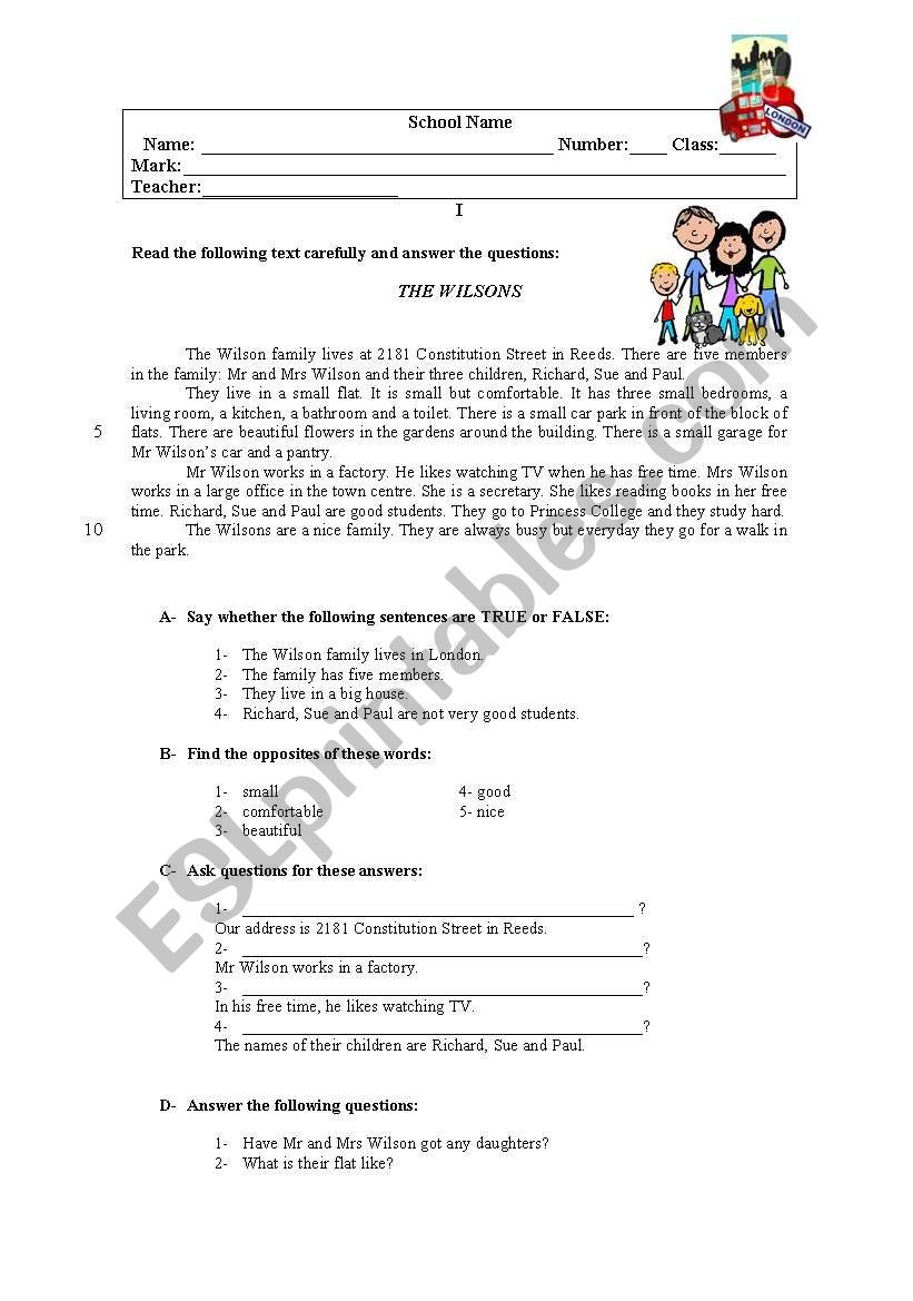 6th grade test  worksheet