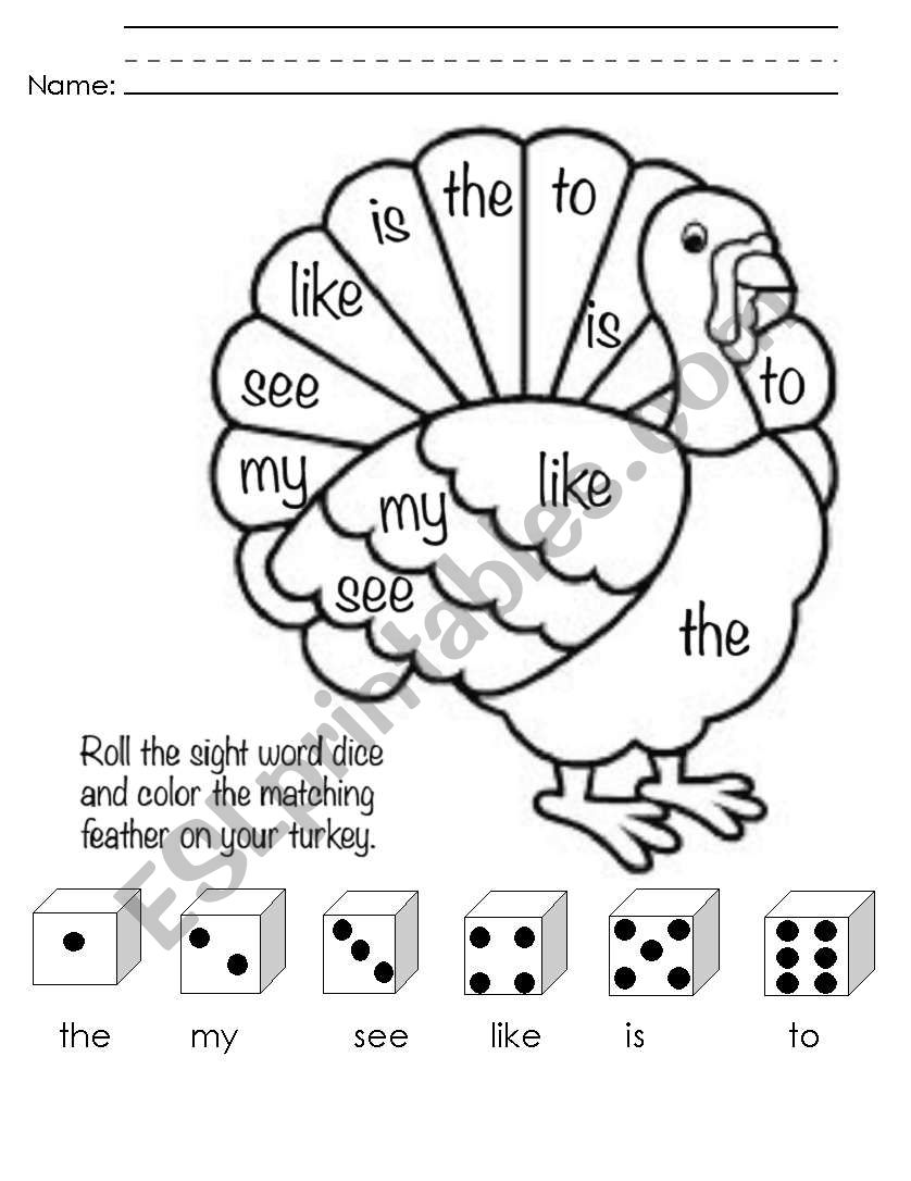 Sight Word Turkey worksheet