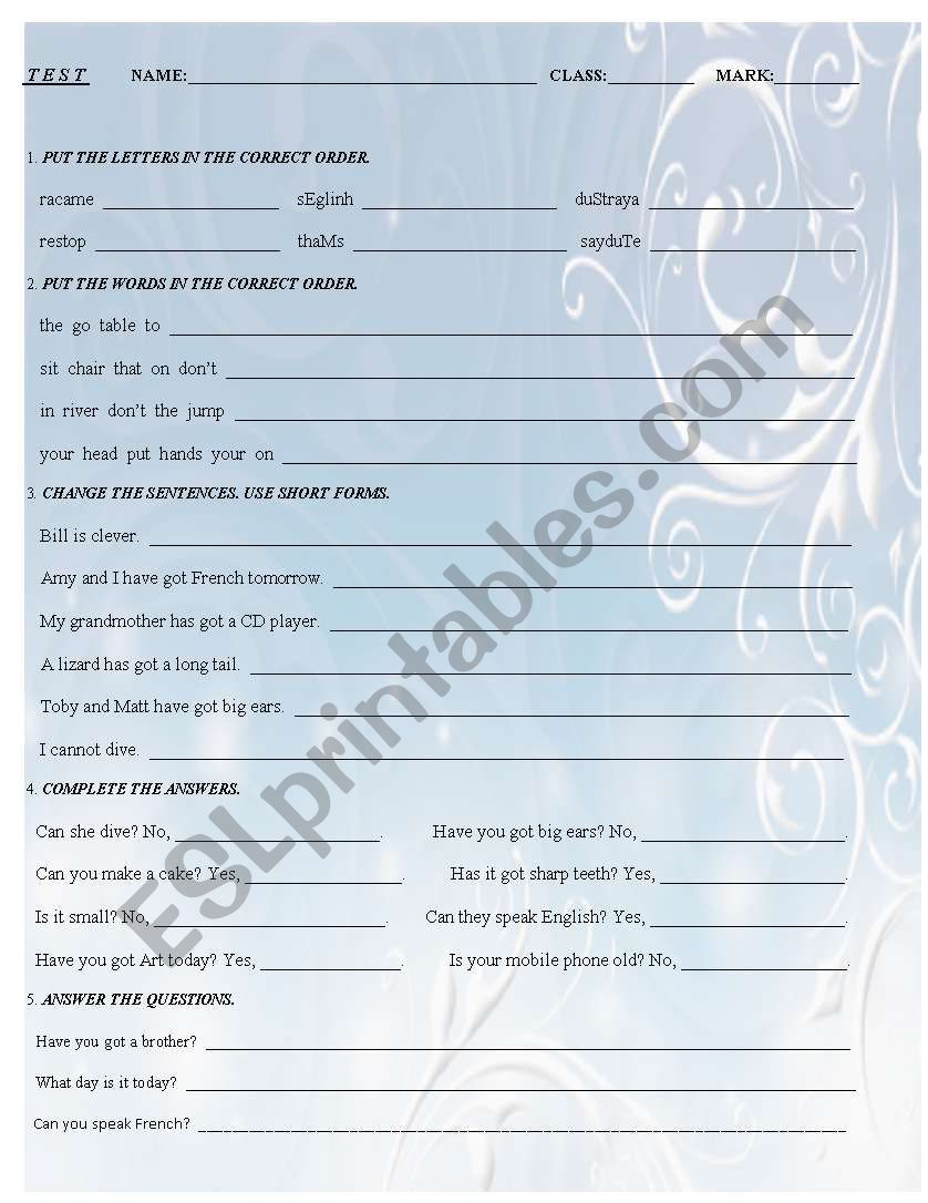 test worksheet