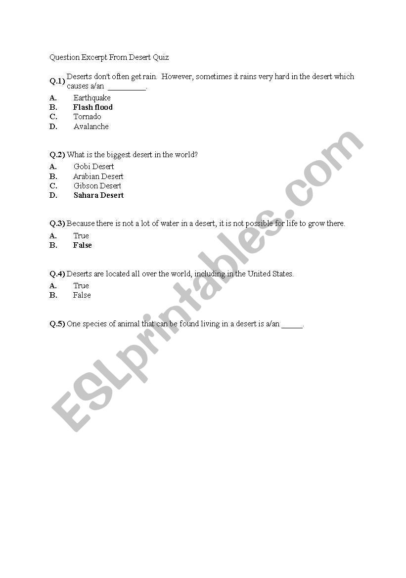 desert quiz worksheet