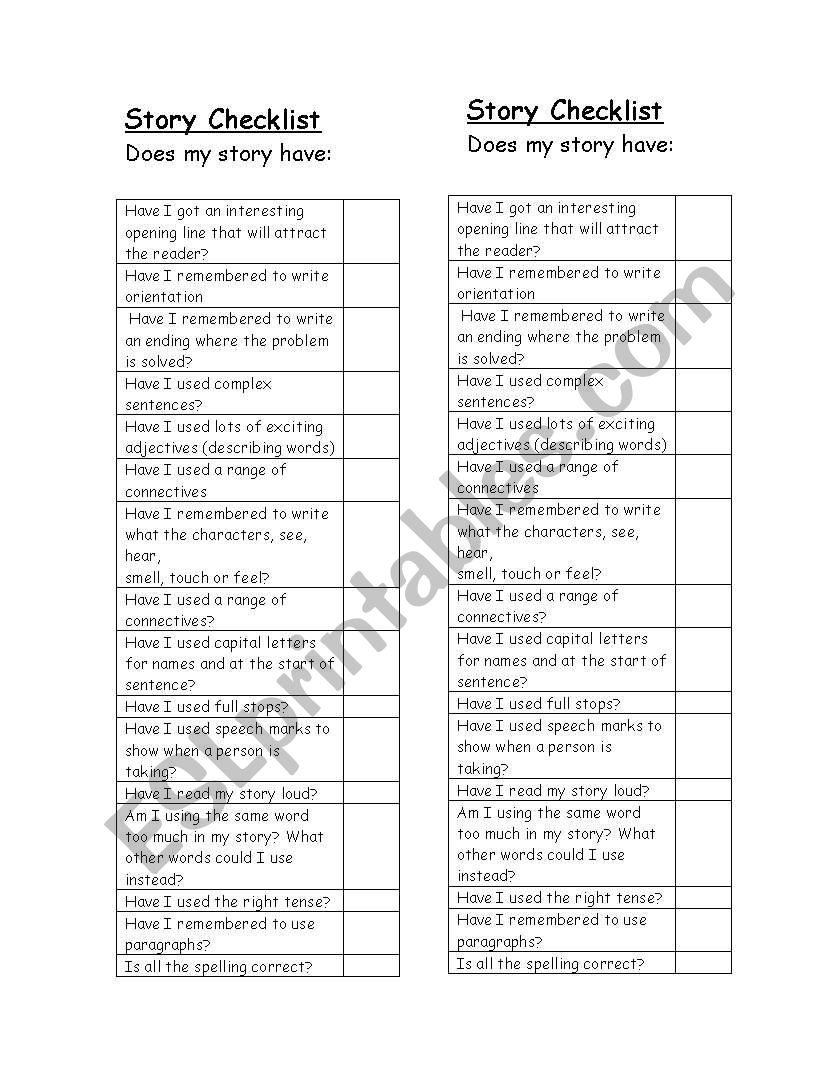 Writing Story Checklist worksheet