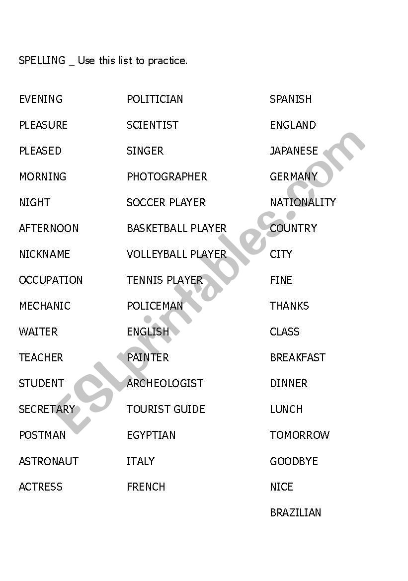 Spelling worksheet