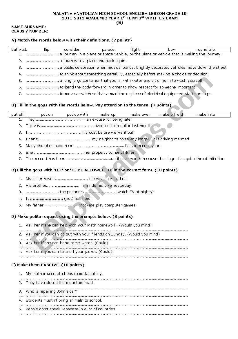 English Worksheets 10 Grade Exam
