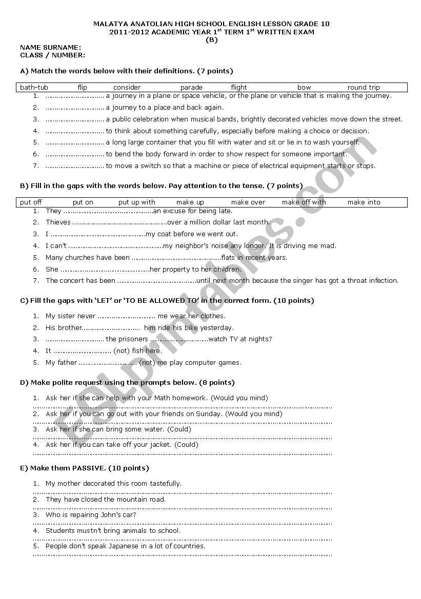 10 grade exam worksheet