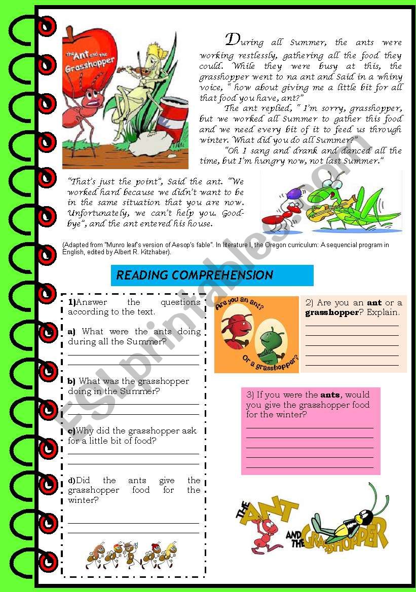 THE ANT AND THE GRASSHOPPER worksheet