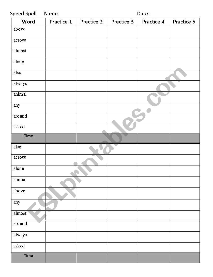 Speedy spelling worksheet