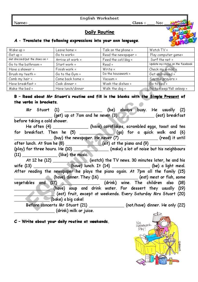 Adults daily routine worksheet