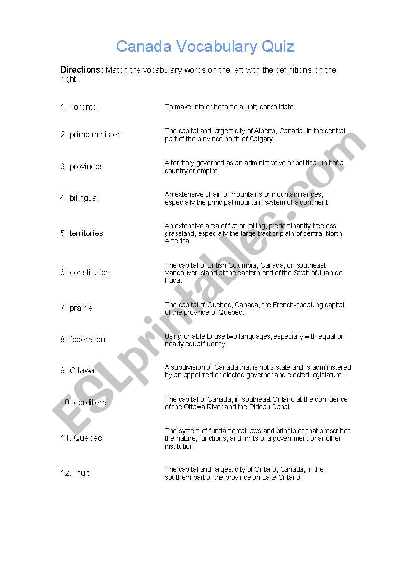 Canada Vocabulary Quiz worksheet