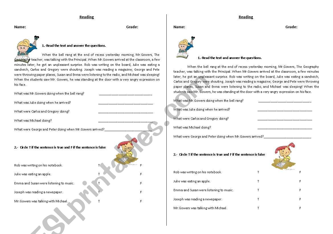 Pas Continous Reading worksheet